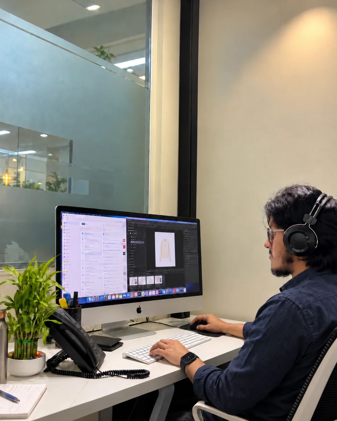 Client support specialist with headset coordinating projects at Studio Click House