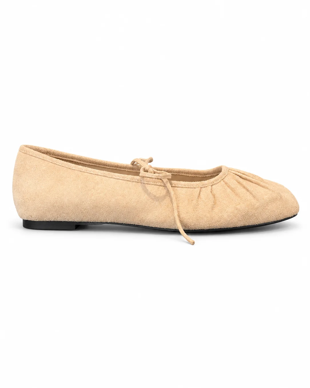 Finished beige suede ballet flat e-commerce packshot with clean profile shape, soft suede texture, and grounded shadow