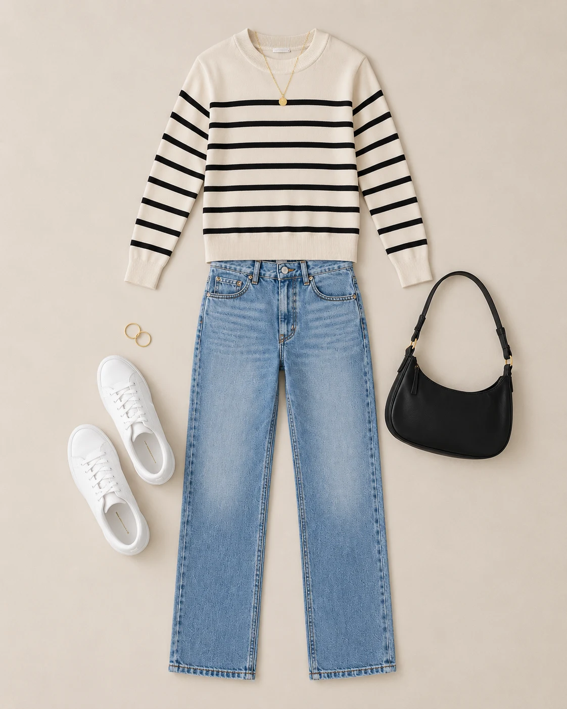 Complete flat lay apparel styling of striped knit sweater, denim jeans, sneakers, and handbag