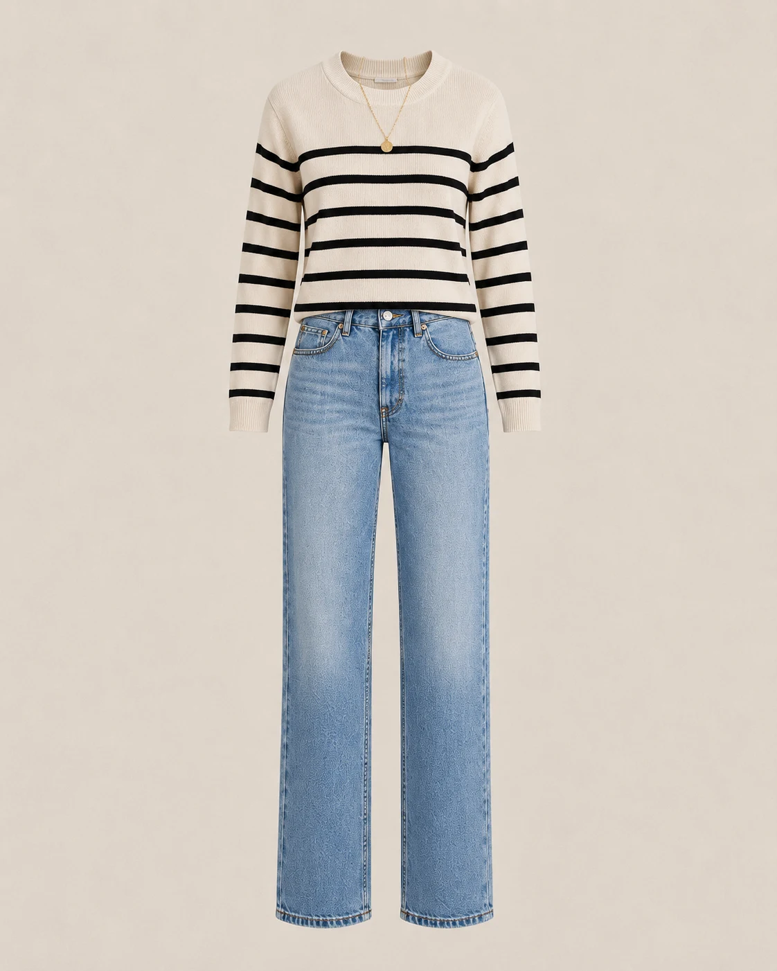 Hollow ghost mannequin apparel presentation of striped knit sweater and denim jeans