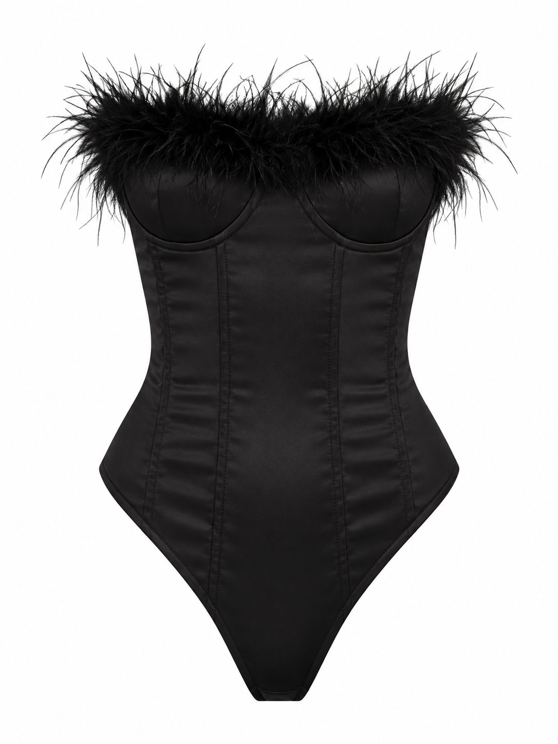 Black corset with feather trim photographed against a dark background