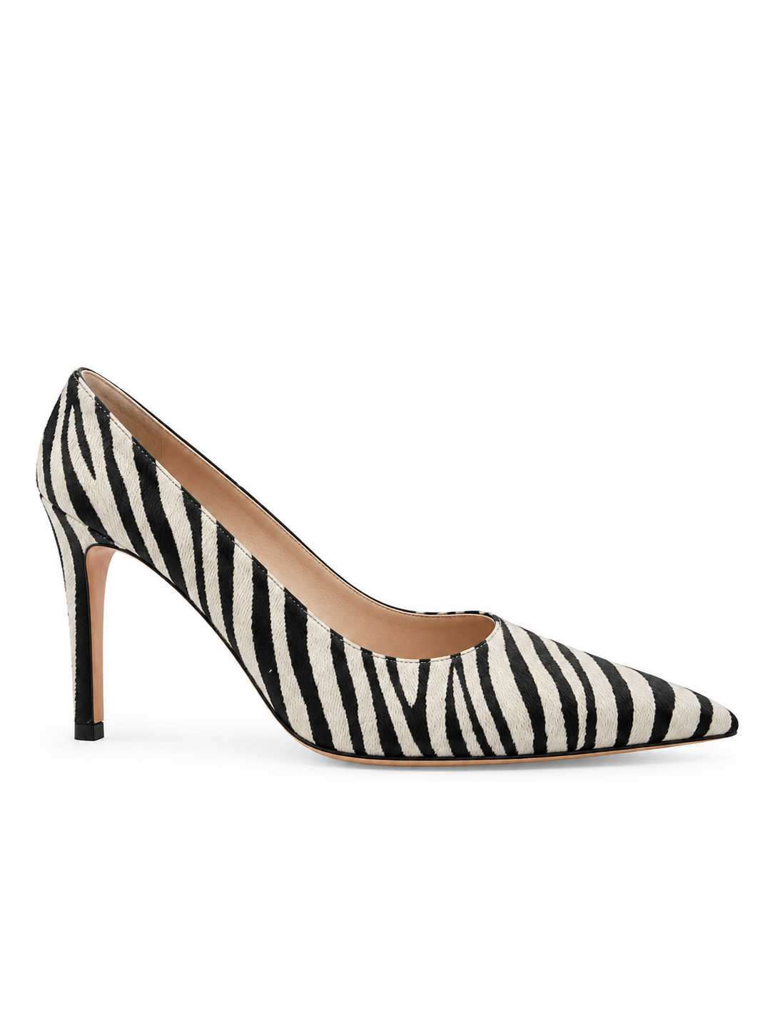 Black and white zebra-print pointed-toe pump on a white background