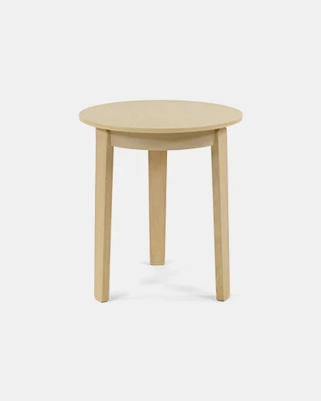 Light wood Scandinavian round stool isolated against a clean background