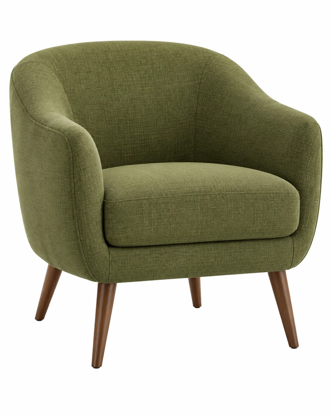 Olive green upholstered accent chair isolated on a white background