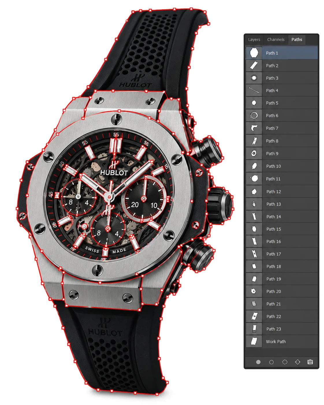Luxury watch with separate precision clipping paths around its case, dial, and details