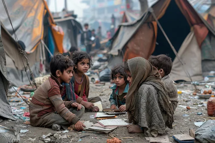 Children gathered around books outdoors