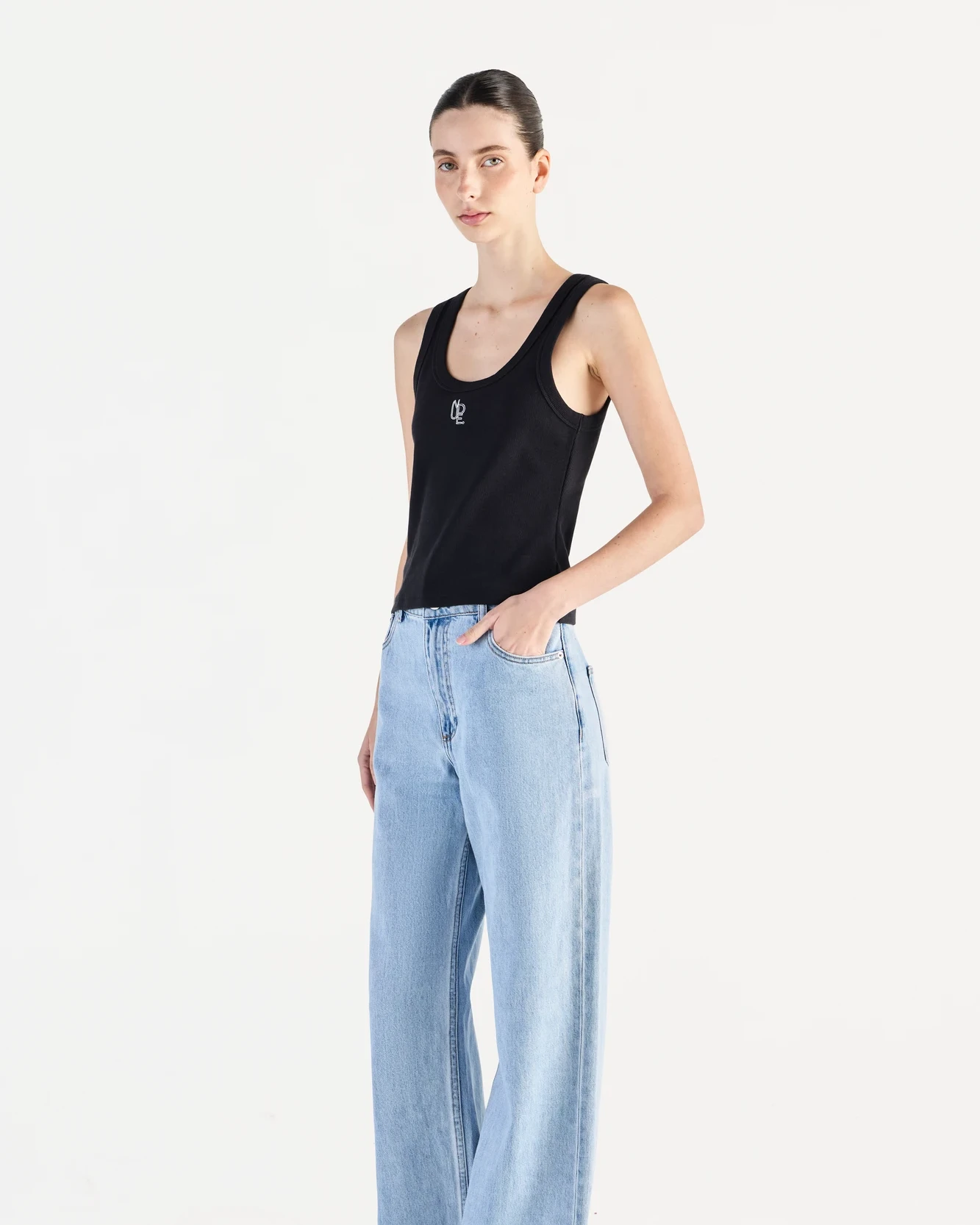 Fashion model wearing a denim outfit after e-commerce model retouching