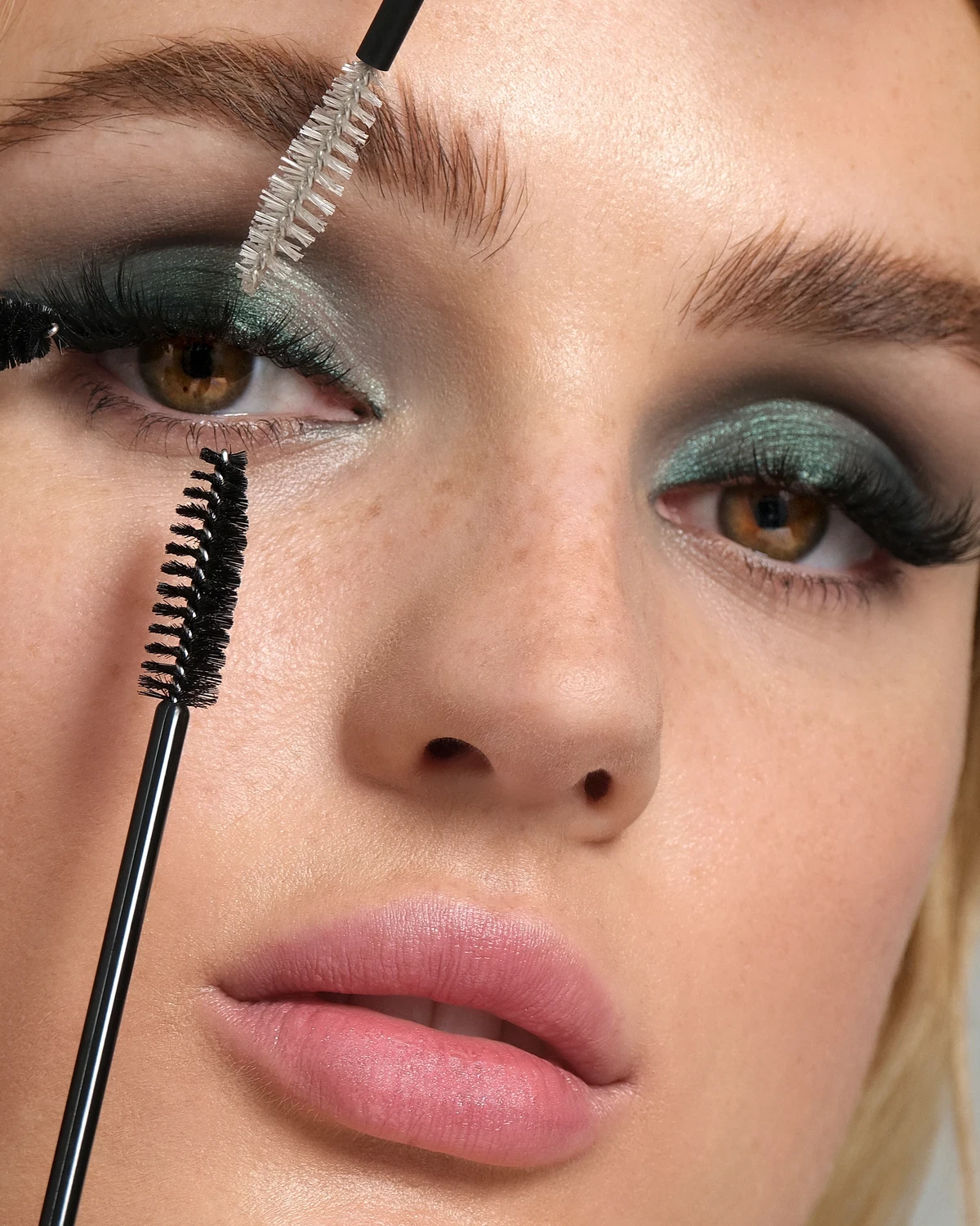 Close-up editorial makeup portrait with refined lashes and eye detail