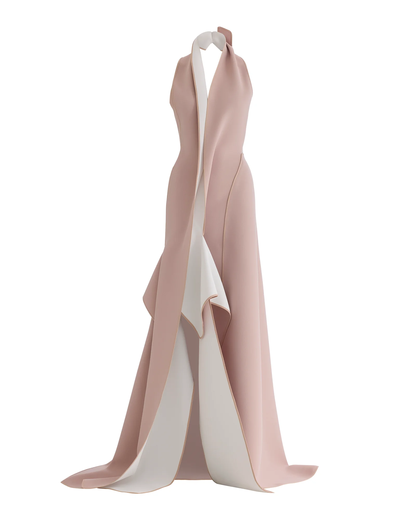 Blush gown with the mannequin removed and the layered drape isolated on white