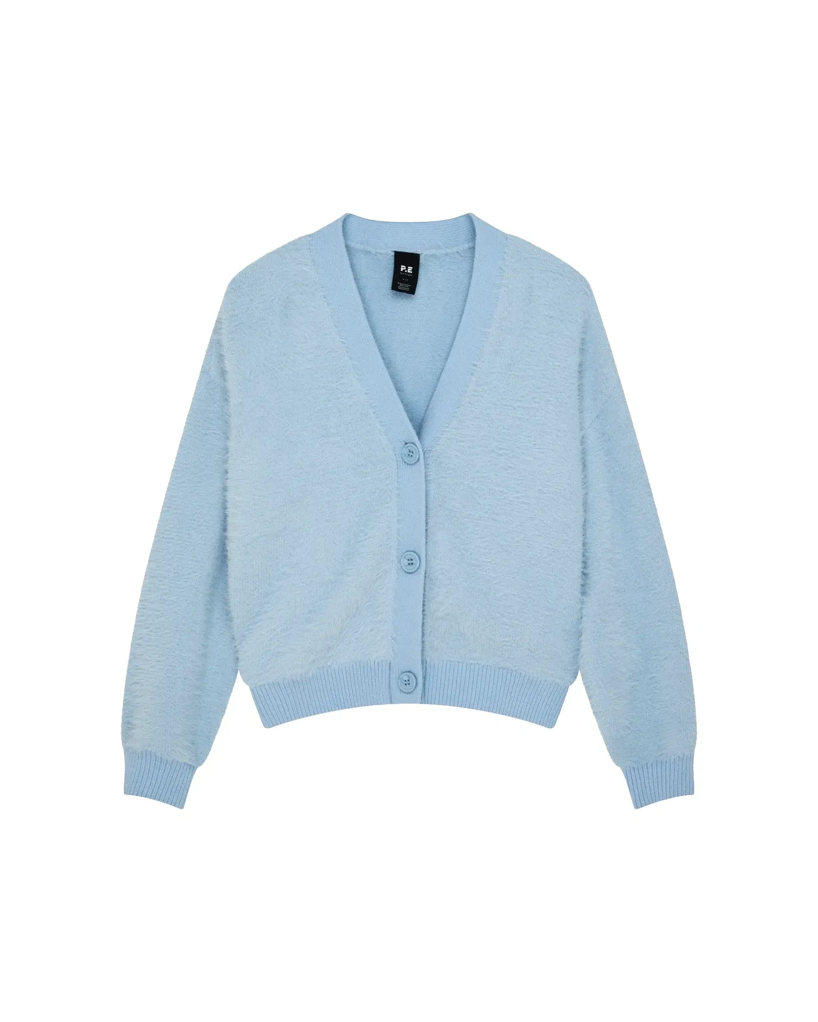 Ice-blue knit cardigan finished flat lay presentation on white background with balanced sleeves