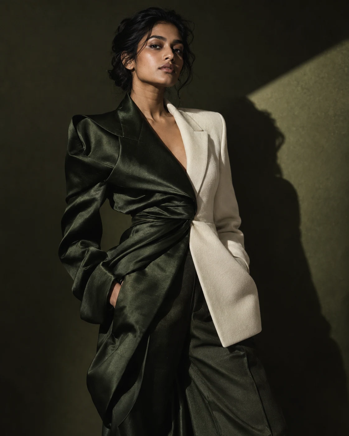 Editorial fashion portrait with sculptural forest green and ivory tailoring